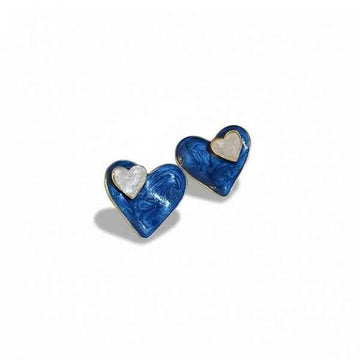 Chic Enamel Heart Studs: Blue Gold Two-Tone Jewelry for Women