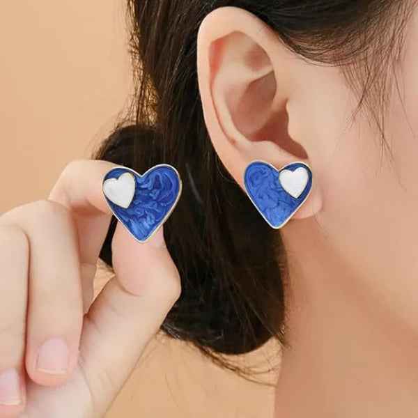 Chic Enamel Heart Studs: Blue Gold Two-Tone Jewelry for Women