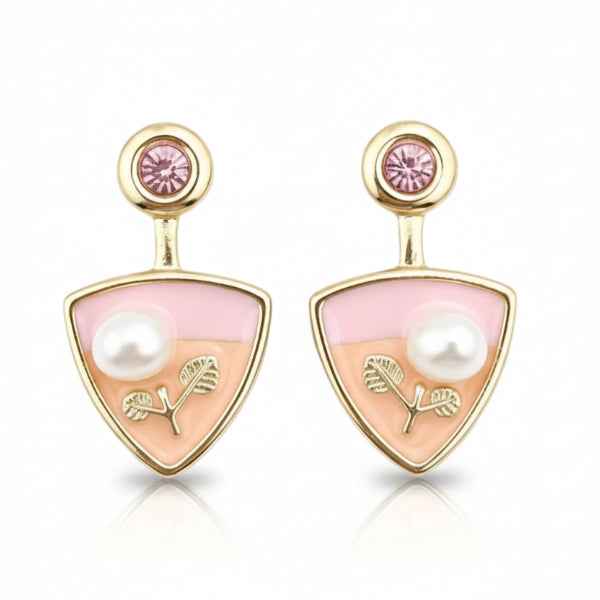 Enamel Pearl Floral Studs | Vintage Inspired Gold Pink Leaf Jewelry