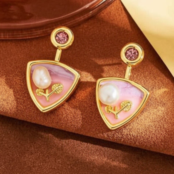 Enamel Pearl Floral Studs | Vintage Inspired Gold Pink Leaf Jewelry