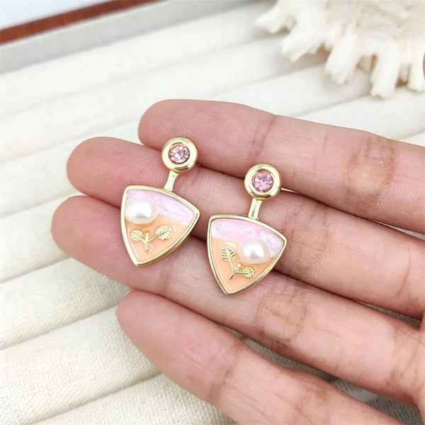 Enamel Pearl Floral Studs | Vintage Inspired Gold Pink Leaf Jewelry