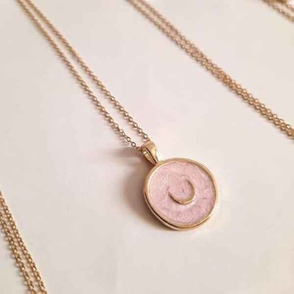 Minimalist Enamel Pendant Necklace with Dainty Gold Moon Charm