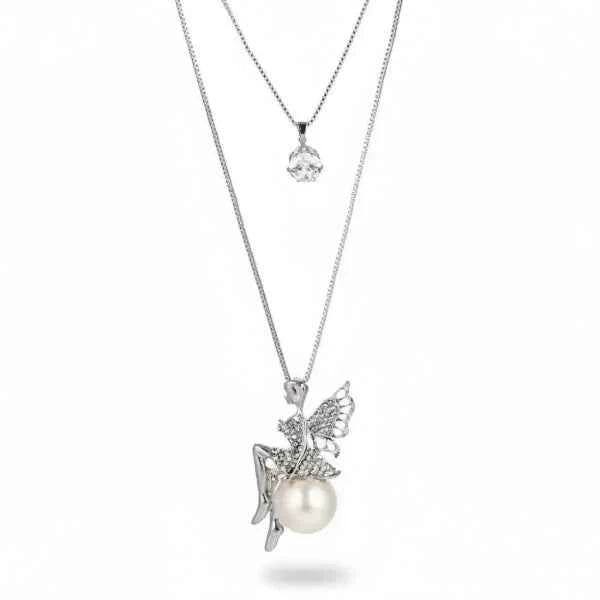 Fairy Pearl Layered Silver Necklace | Crystal & Whimsical Design