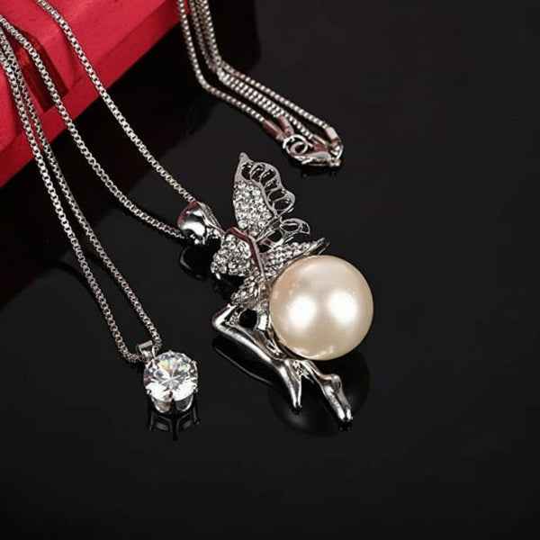 Fairy Pearl Layered Silver Necklace | Crystal & Whimsical Design