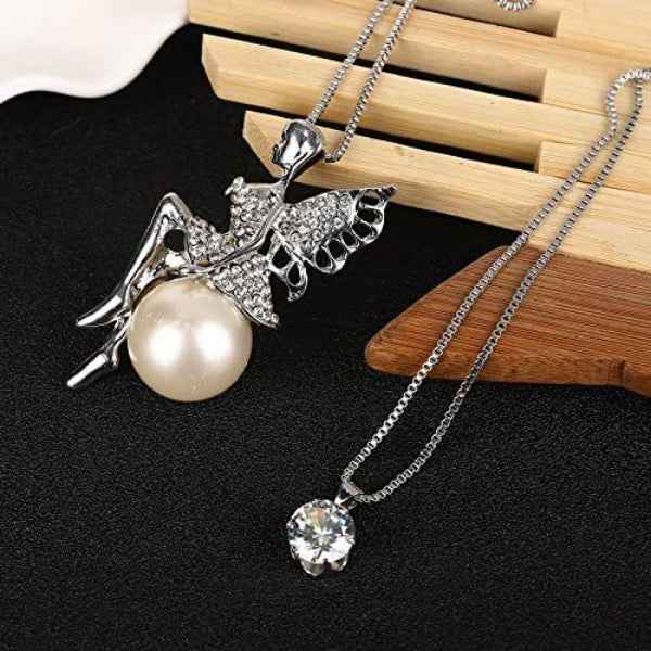 Fairy Pearl Layered Silver Necklace | Crystal & Whimsical Design