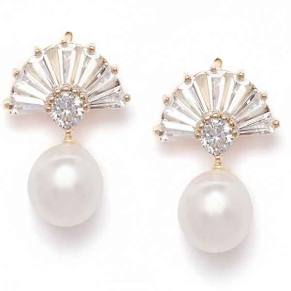 Elegant Fan Pearl Drop Earrings: CZ Dangle Wedding Jewelry