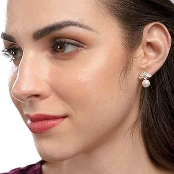 Elegant Fan Pearl Drop Earrings: CZ Dangle Wedding Jewelry