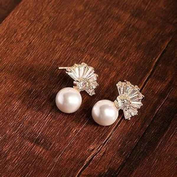 Elegant Fan Pearl Drop Earrings: CZ Dangle Wedding Jewelry