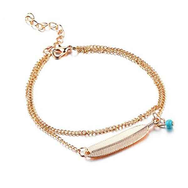 Feather Gold Anklet Set - Boho Layered Turquoise Bracelet for Women