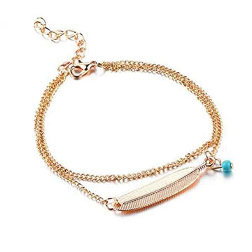 Feather Gold Anklet Set - Boho Layered Turquoise Bracelet for Women