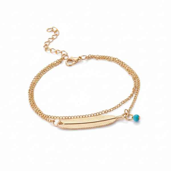 Feather Gold Anklet Set - Boho Layered Turquoise Bracelet for Women