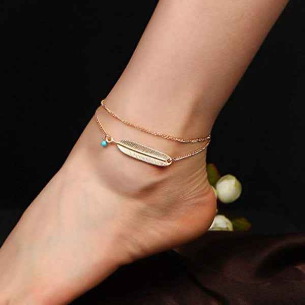 Feather Gold Anklet Set - Boho Layered Turquoise Bracelet for Women
