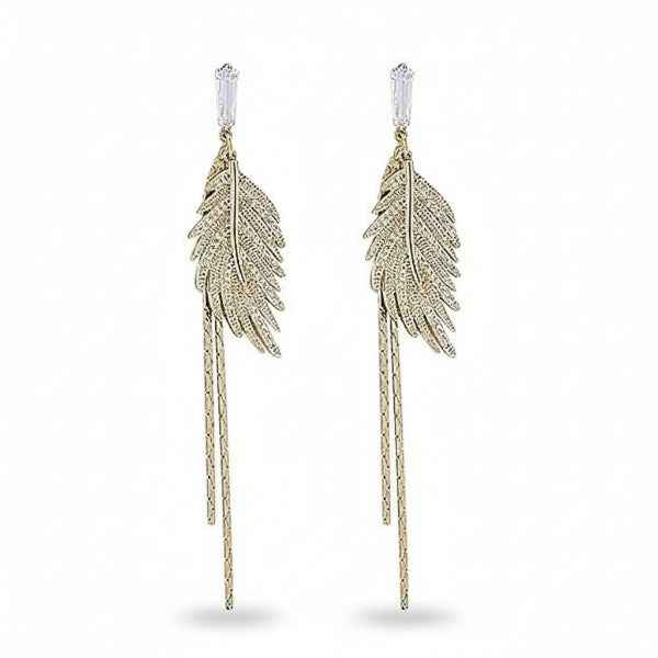 Gold Feather Tassel Earrings | Sparkling Crystal Drop Statement Jewelry