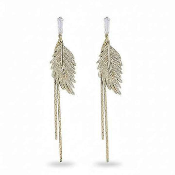 Gold Feather Tassel Earrings | Sparkling Crystal Drop Statement Jewelry