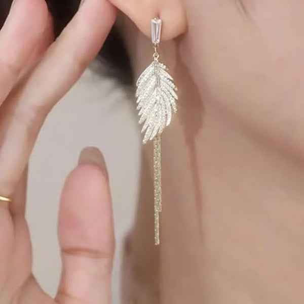 Gold Feather Tassel Earrings | Sparkling Crystal Drop Statement Jewelry