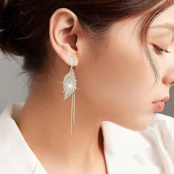Gold Feather Tassel Earrings | Sparkling Crystal Drop Statement Jewelry