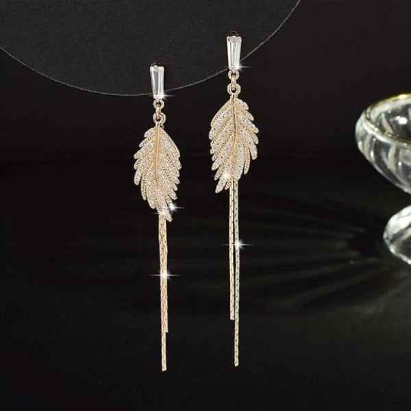 Gold Feather Tassel Earrings | Sparkling Crystal Drop Statement Jewelry