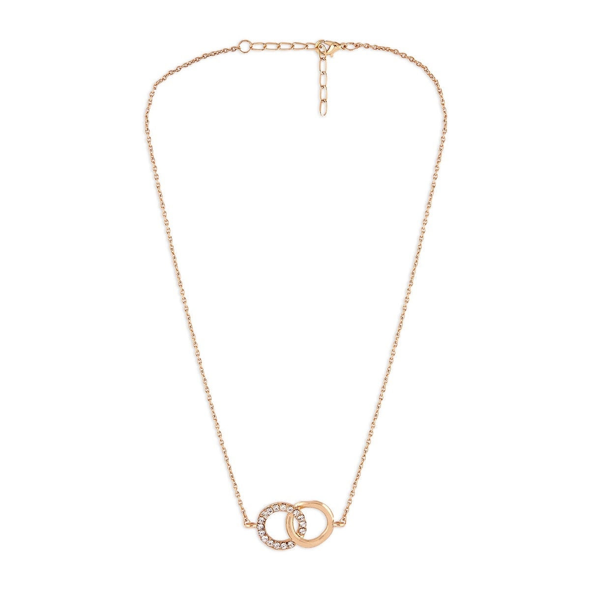 Pack of 2 Rose Gold Interlocking Circle Earrings & Gold Plated Interlocking Rings Necklace | Zirconia Stud Earrings with Crystal Eternity Pendant
