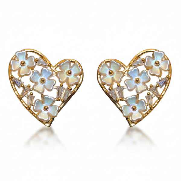 Floral Heart Earrings - Gold Flower Studs & Dainty Heart Jewelry
