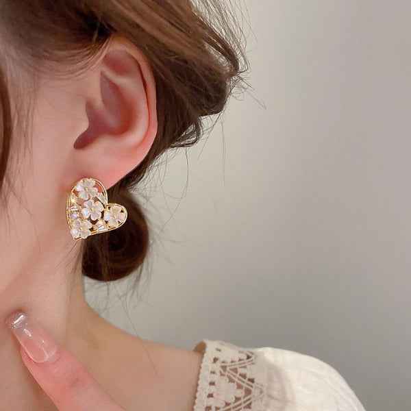 Floral Heart Earrings - Gold Flower Studs & Dainty Heart Jewelry
