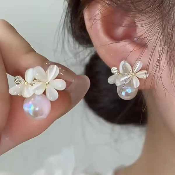 Elegant Floral Pearl Stud Earrings | Premium White Blossom Design