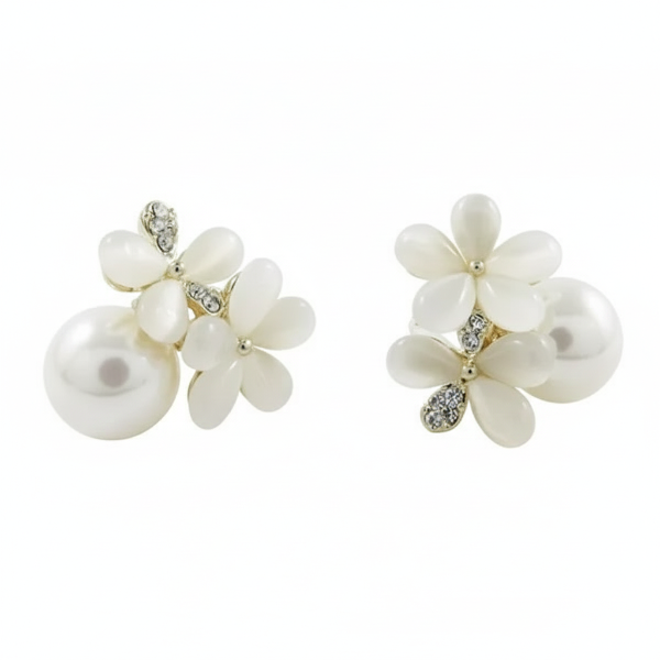 Elegant Floral Pearl Stud Earrings | Premium White Blossom Design