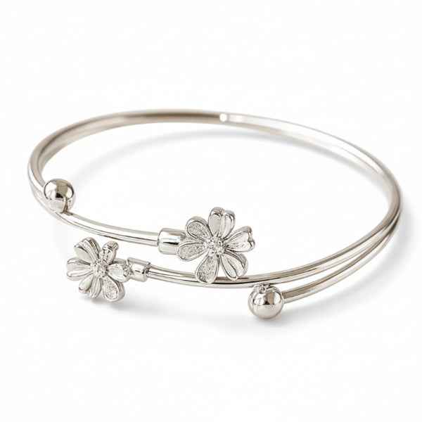 Floral Silver Bangle Bracelet with Daisy Filigree and Antique Finish