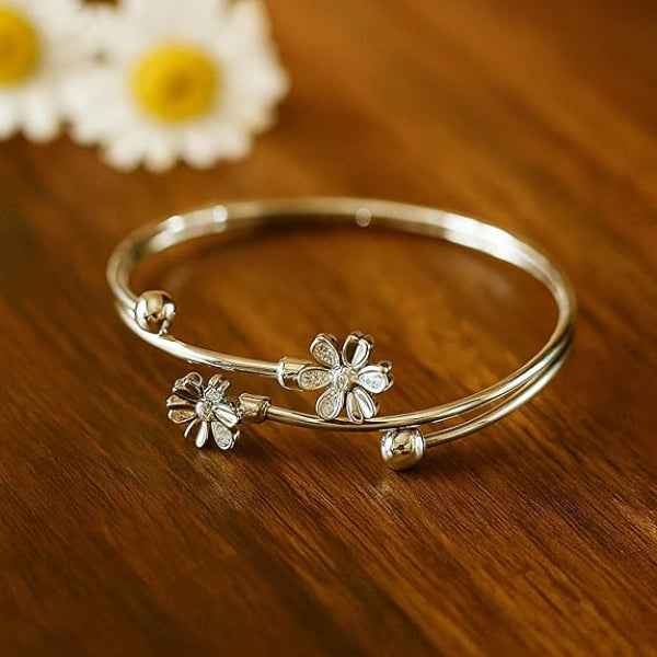 Floral Silver Bangle Bracelet with Daisy Filigree and Antique Finish