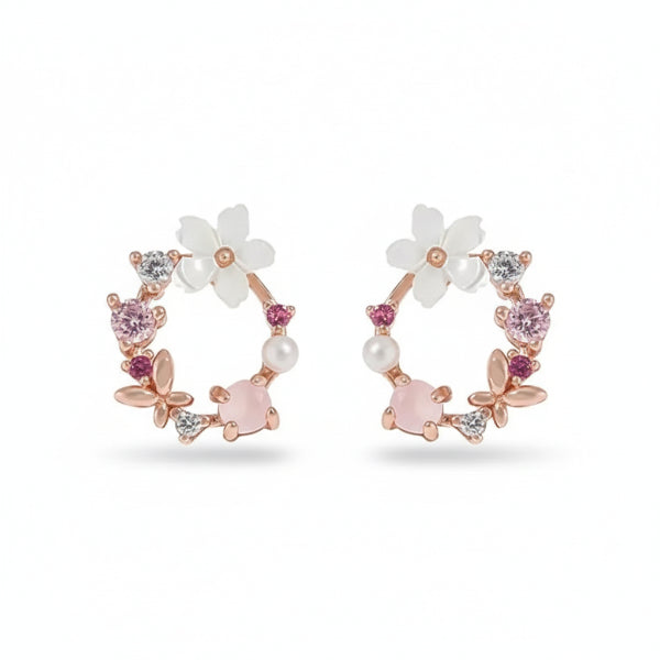 Floral Wreath Earrings - Rose Gold Plated Studs & Pink Gemstone Jewelry