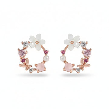 Floral Wreath Earrings - Rose Gold Plated Studs & Pink Gemstone Jewelry