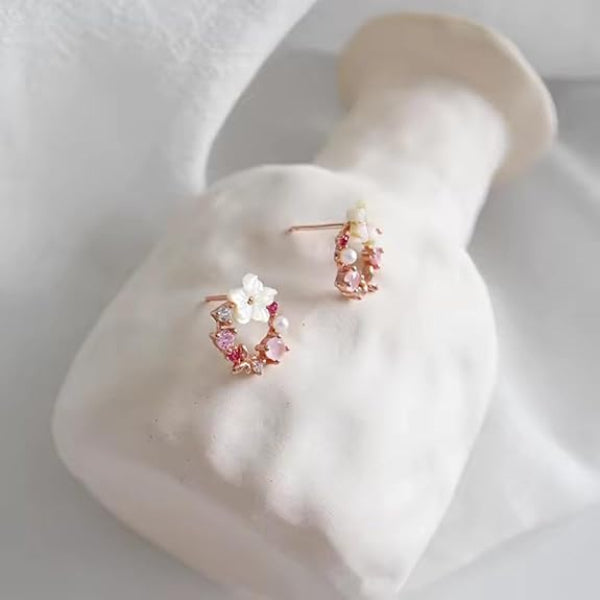 Floral Wreath Earrings - Rose Gold Plated Studs & Pink Gemstone Jewelry