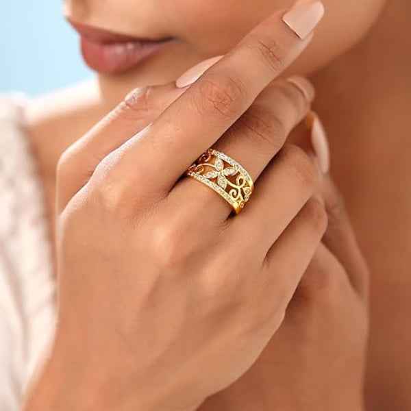 Flower Band Golden Ring - Shimmering Crystal Floral Statement Band