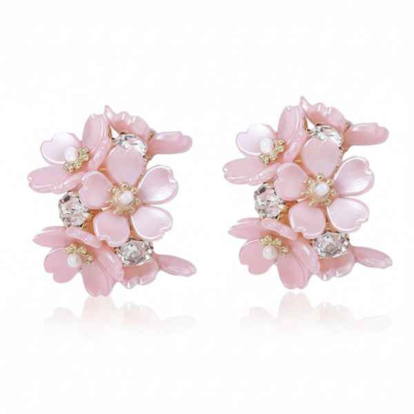 Pink Flower Earrings | Crystal Cluster Floral Studs Jewelry