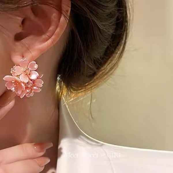Pink Flower Earrings | Crystal Cluster Floral Studs Jewelry