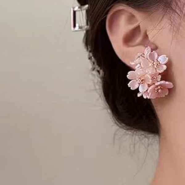 Pink Flower Earrings | Crystal Cluster Floral Studs Jewelry