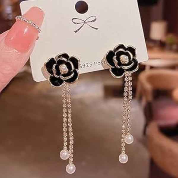 Sparkling Flower Pearl Drop Earrings | Crystal Dangle Bridal Statement Jewelry