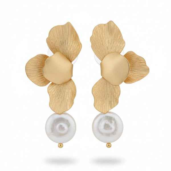 Flower Pearl Earrings | Gold Petal Drops | Floral Statement Jewelry