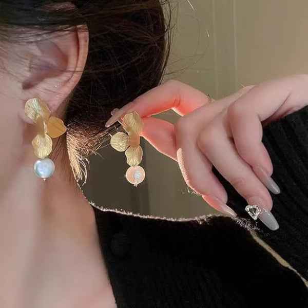 Flower Pearl Earrings | Gold Petal Drops | Floral Statement Jewelry