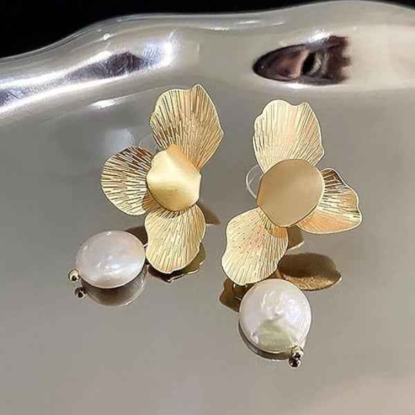 Flower Pearl Earrings | Gold Petal Drops | Floral Statement Jewelry