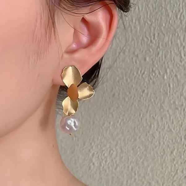 Flower Pearl Earrings | Gold Petal Drops | Floral Statement Jewelry
