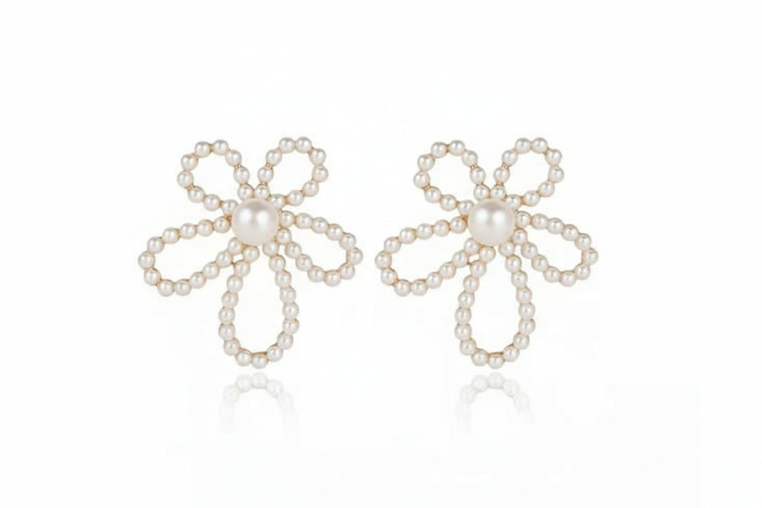 Flower Pearl Stud Earrings | 14k Gold Floral Studs | White Pearl Jewelry