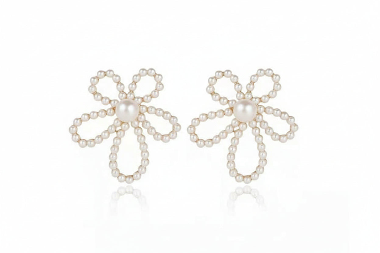 Flower Pearl Stud Earrings | 14k Gold Floral Studs | White Pearl Jewelry