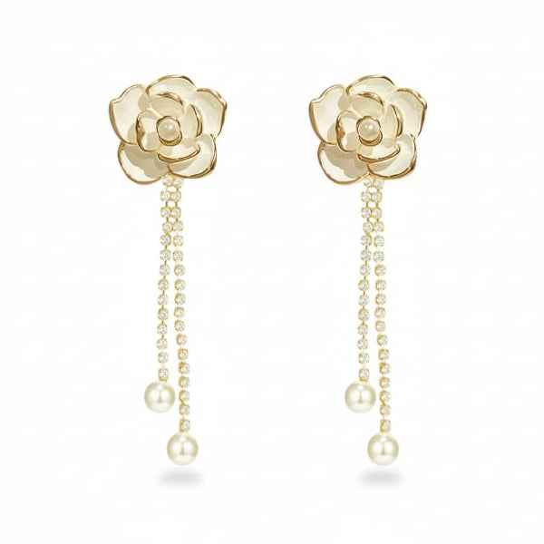 Flower Pearl Tassel Earrings: White Camellia Bridal Dangle Jewelry