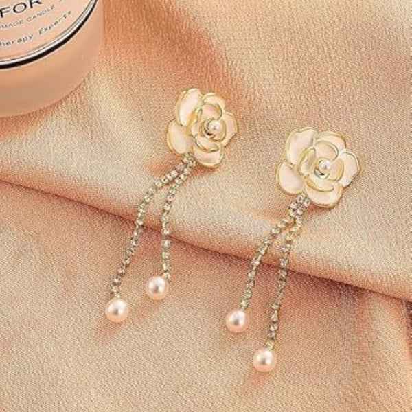 Flower Pearl Tassel Earrings: White Camellia Bridal Dangle Jewelry