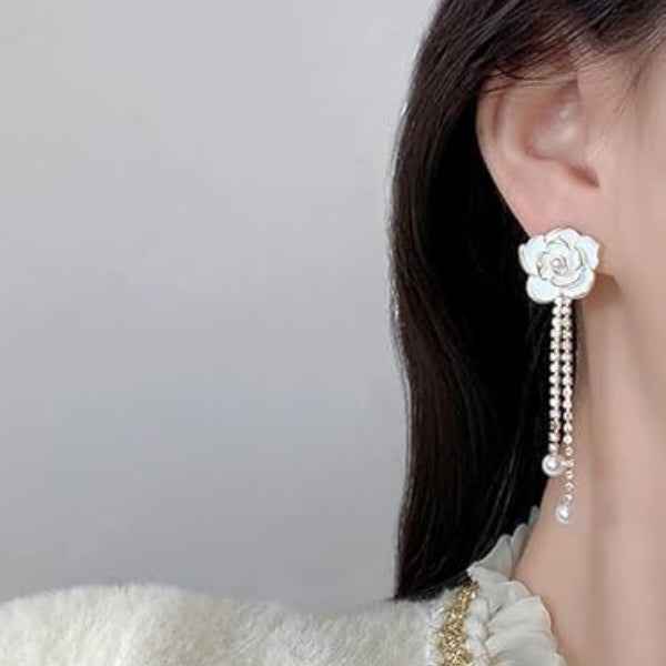 Flower Pearl Tassel Earrings: White Camellia Bridal Dangle Jewelry