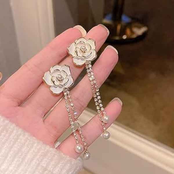Flower Pearl Tassel Earrings: White Camellia Bridal Dangle Jewelry