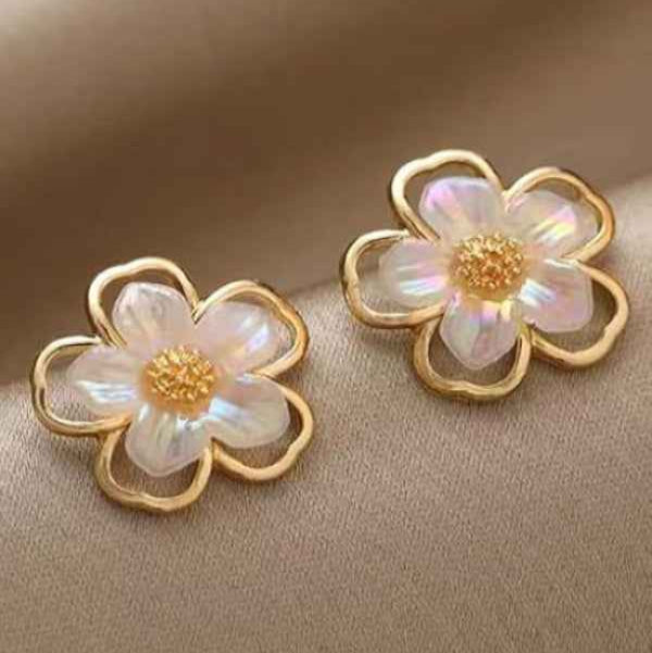 Gold Flower Stud Earrings | Mother of Pearl Floral Jewelry for Women