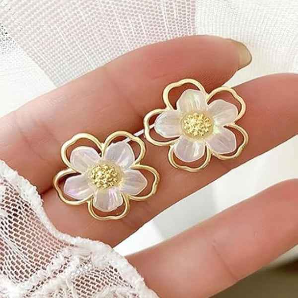 Gold Flower Stud Earrings | Mother of Pearl Floral Jewelry for Women