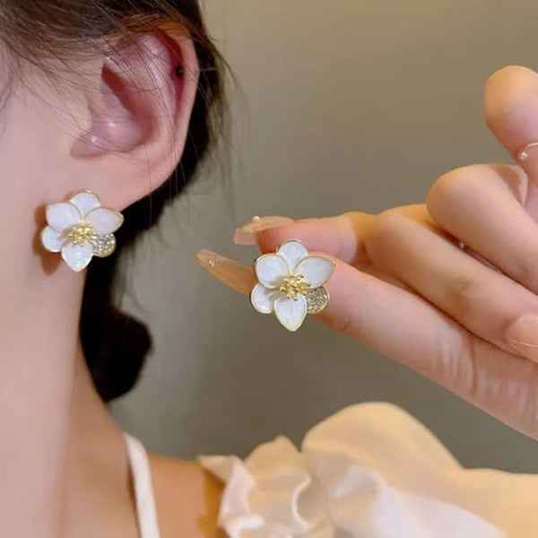 Flower Stud Earrings | Dainty White Enamel Gold Floral Jewelry Gift