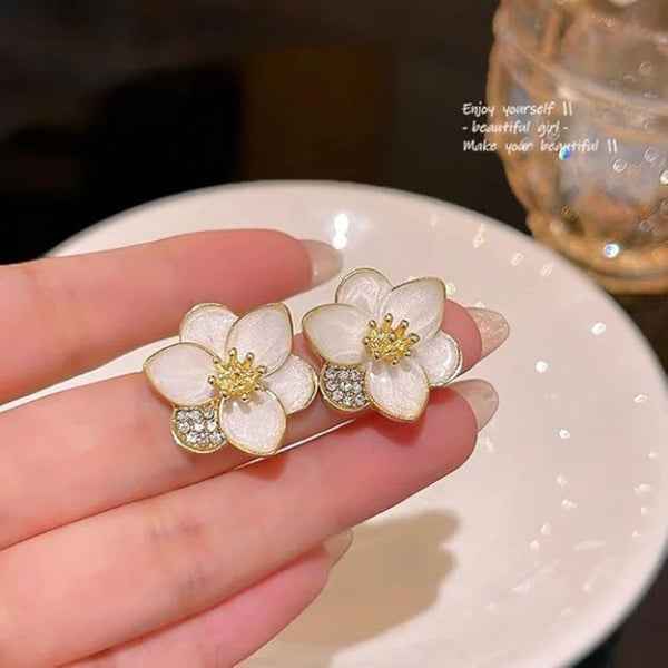 Flower Stud Earrings | Dainty White Enamel Gold Floral Jewelry Gift